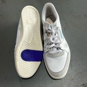 White and Gray Sneakers with Purple Accent